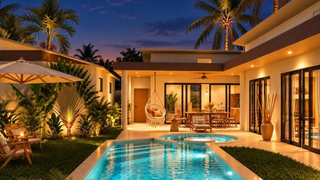 Rendu 3D de la piscine de nuit de la Villa Cholaland 2 chambres