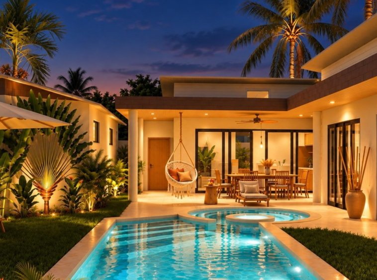 Rendu 3D de la piscine de nuit de la Villa Cholaland 2 chambres