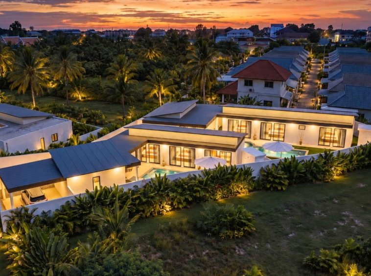 Vue aérienne de nuit de villas du projet Cholaland